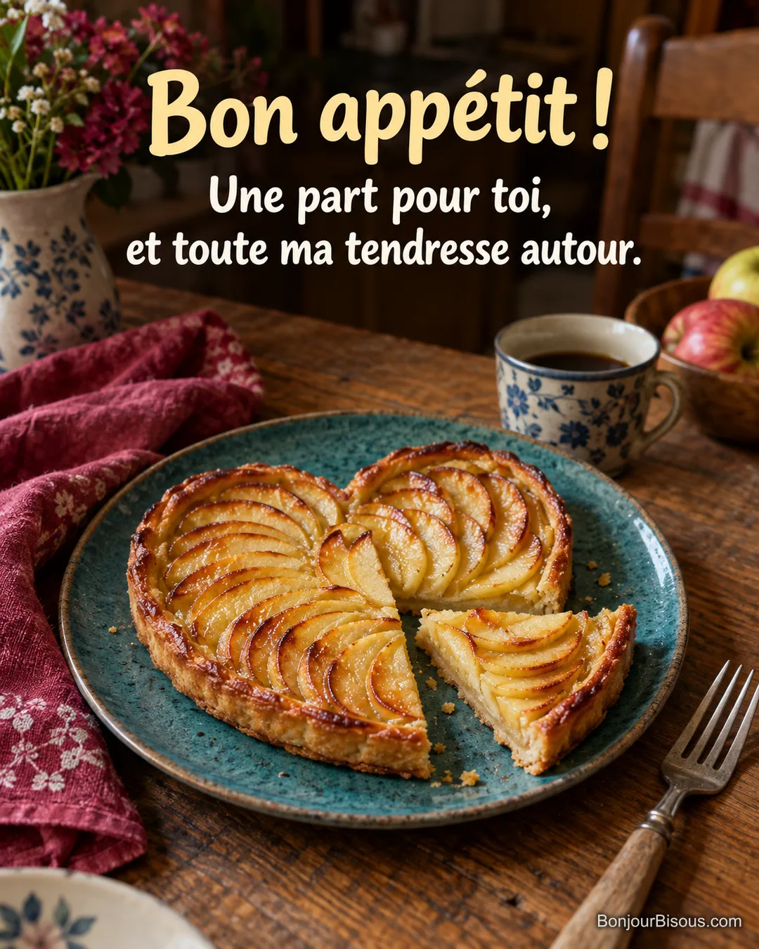 Une tarte aux pommes en cœur offre une part dorée sur une assiette bleu canard, avec le texte « Bon appétit ! Une part pour toi, et toute ma tendresse autour. ».