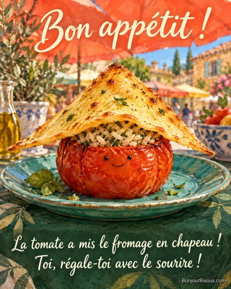 Une tomate farcie souriante porte une tranche de fromage beaucoup trop large comme un grand chapeau. Le message est : « Bon appétit ! La tomate a mis le fromage en chapeau ! Toi, régale-toi avec le sourire ! ».