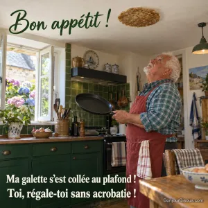 Un cuisinier âgé découvre sa galette de sarrasin collée au plafond au-dessus de sa poêle vide. Le message est : « Bon appétit ! Ma galette s’est collée au plafond ! Toi, régale-toi sans acrobatie ! ».