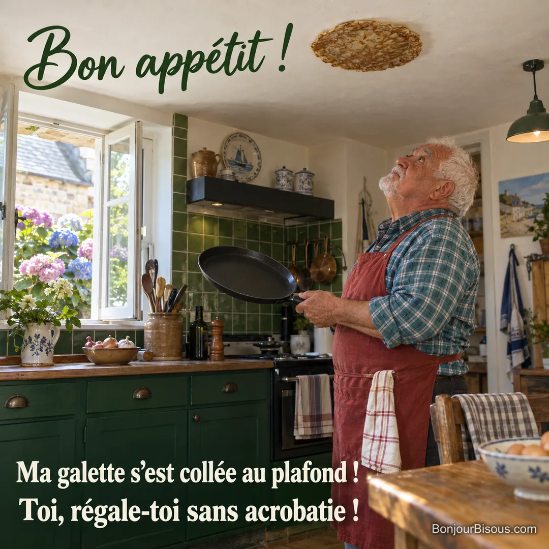 Un cuisinier âgé découvre sa galette de sarrasin collée au plafond au-dessus de sa poêle vide. Le message est : « Bon appétit ! Ma galette s’est collée au plafond ! Toi, régale-toi sans acrobatie ! ».