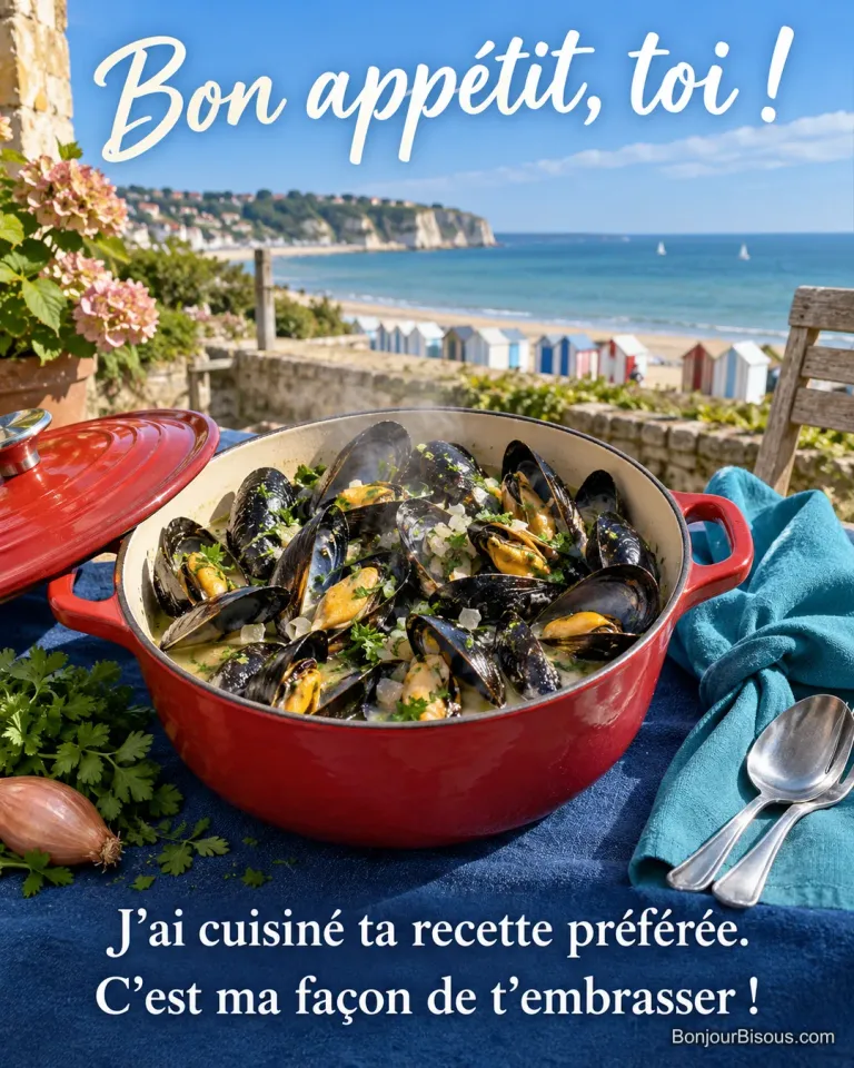 Une marmite de moules marinières invite à déguster un repas affectueux sur une terrasse du littoral normand. Le message est : « Bon appétit, toi ! J’ai cuisiné ta recette préférée. C’est ma façon de t’embrasser ! ».