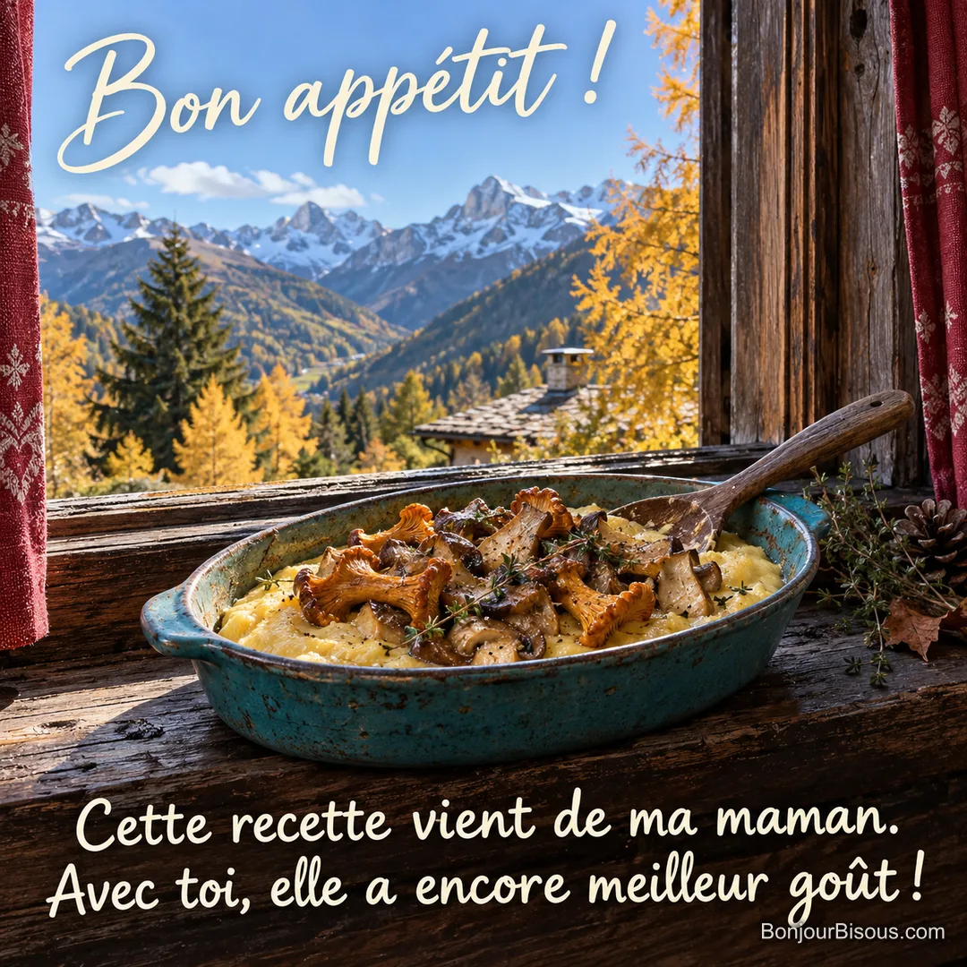 Une polenta dorée aux champignons des bois est préparée avec un ancien plat familial dans une cuisine alpine. Le message est : « Bon appétit ! Cette recette vient de ma maman. Avec toi, elle a encore meilleur goût ! ».