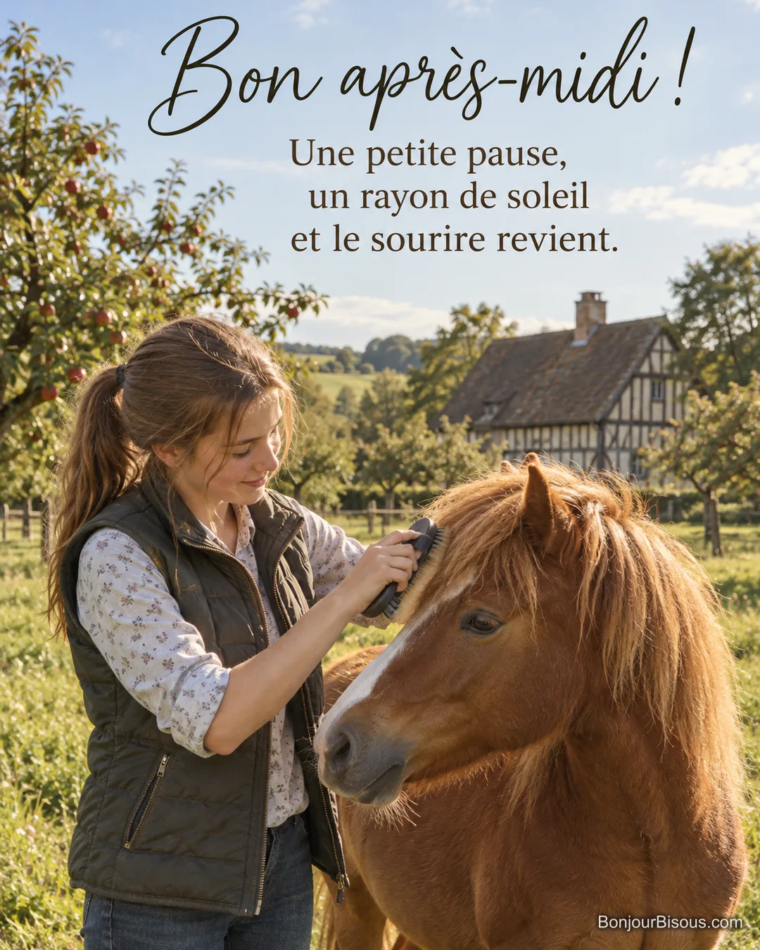 Photo d’une adolescente qui brosse la crinière d’un poney alezan dans un pré avec des pommiers et une maison à colombages, avec le texte « Bon après-midi ! Une petite pause, un rayon de soleil et le sourire revient. » Photo d’une adolescente qui brosse la crinière d’un poney alezan dans un pré avec des pommiers et une maison à colombages, avec le texte « Bon après-midi ! Une petite pause, un rayon de soleil et le sourire revient. »