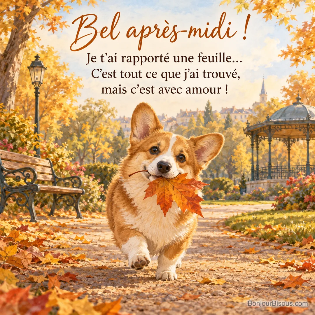 Peinture d’un corgi qui trotte avec une feuille d’érable orange dans la gueule dans une allée de parc en automne, un banc et un kiosque à musique, avec le texte « Bel après-midi ! Je t’ai rapporté une feuille… C’est tout ce que j’ai trouvé, mais c’est avec amour ! » Peinture d’un corgi qui trotte avec une feuille d’érable orange dans la gueule dans une allée de parc en automne, un banc et un kiosque à musique, avec le texte « Bel après-midi ! Je t’ai rapporté une feuille… C’est tout ce que j’ai trouvé, mais c’est avec amour ! »