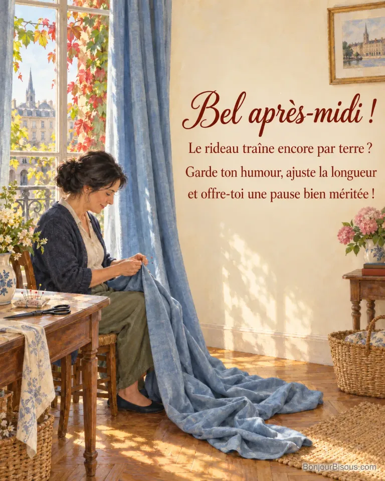 Une couturière ajuste l’ourlet d’un rideau bleu trop long dans un atelier bordelais, avec le texte « Bel après-midi ! Le rideau traîne encore par terre ? Garde ton humour, ajuste la longueur et offre-toi une pause bien méritée ! ».