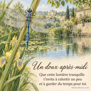Une libellule bleue se pose sur une tige au bord d’un bassin en Dordogne, avec le texte « Un doux après-midi Que cette lumière tranquille t’invite à ralentir un peu et à garder du temps pour toi. ».