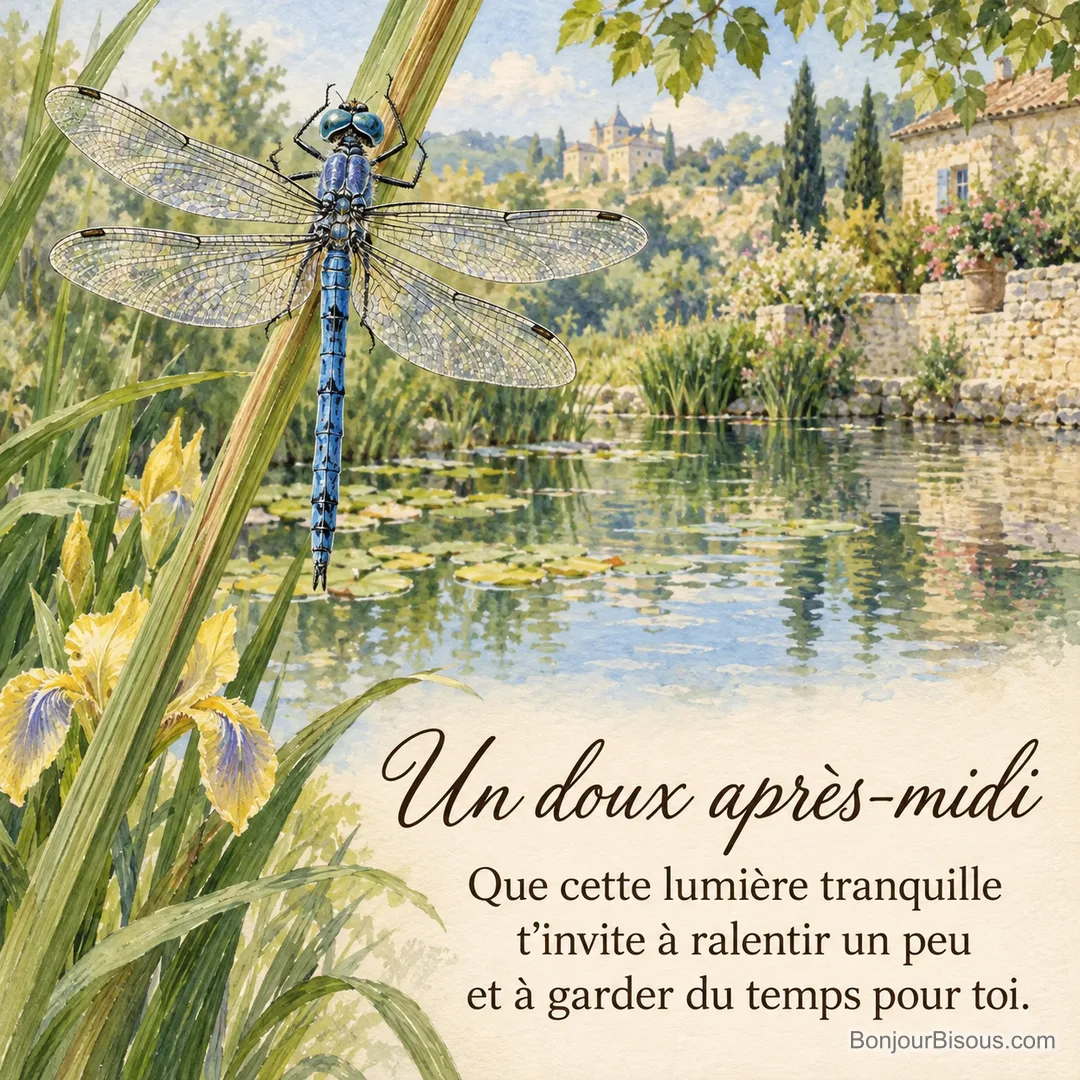 Une libellule bleue se pose sur une tige au bord d’un bassin en Dordogne, avec le texte « Un doux après-midi Que cette lumière tranquille t’invite à ralentir un peu et à garder du temps pour toi. ». Une libellule bleue se pose sur une tige au bord d’un bassin en Dordogne, avec le texte « Un doux après-midi Que cette lumière tranquille t’invite à ralentir un peu et à garder du temps pour toi. ».