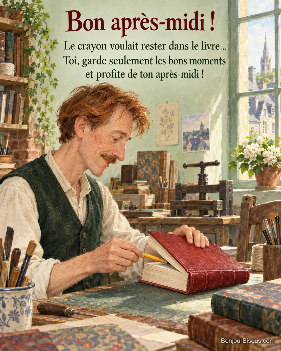 Un relieur découvre un crayon oublié entre les pages d’un livre rouge dans son atelier breton, avec le message « Bon après-midi ! Le crayon voulait rester dans le livre… Toi, garde seulement les bons moments et profite de ton après-midi ! ». Un relieur découvre un crayon oublié entre les pages d’un livre rouge dans son atelier breton, avec le message « Bon après-midi ! Le crayon voulait rester dans le livre… Toi, garde seulement les bons moments et profite de ton après-midi ! ».