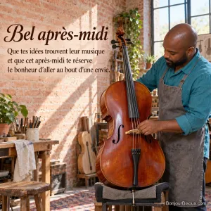 Un restaurateur replace le chevalet d’un violoncelle dans un atelier toulousain de brique rose, avec le message « Bel après-midi Que tes idées trouvent leur musique et que cet après-midi te réserve le bonheur d’aller au bout d’une envie. ».