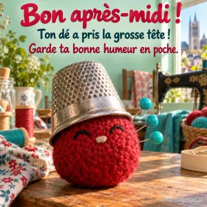 Une pelote-pique-épingles rouge porte un dé à coudre géant et trois épingles turquoise, avec le message « Bon après-midi ! Ton dé a pris la grosse tête ! Garde ta bonne humeur en poche. ».