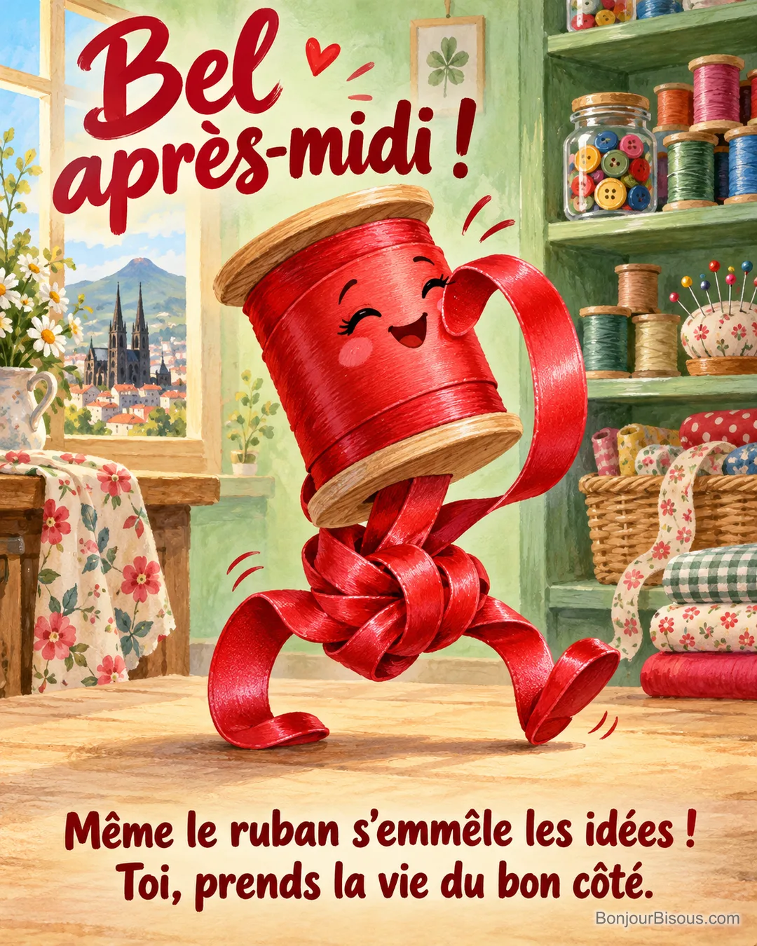 Une bobine de ruban rouge tente d’avancer malgré un grand nœud autour de sa base, avec le message « Bel après-midi ! Même le ruban s’emmêle les idées ! Toi, prends la vie du bon côté. ». Une bobine de ruban rouge tente d’avancer malgré un grand nœud autour de sa base, avec le message « Bel après-midi ! Même le ruban s’emmêle les idées ! Toi, prends la vie du bon côté. ».