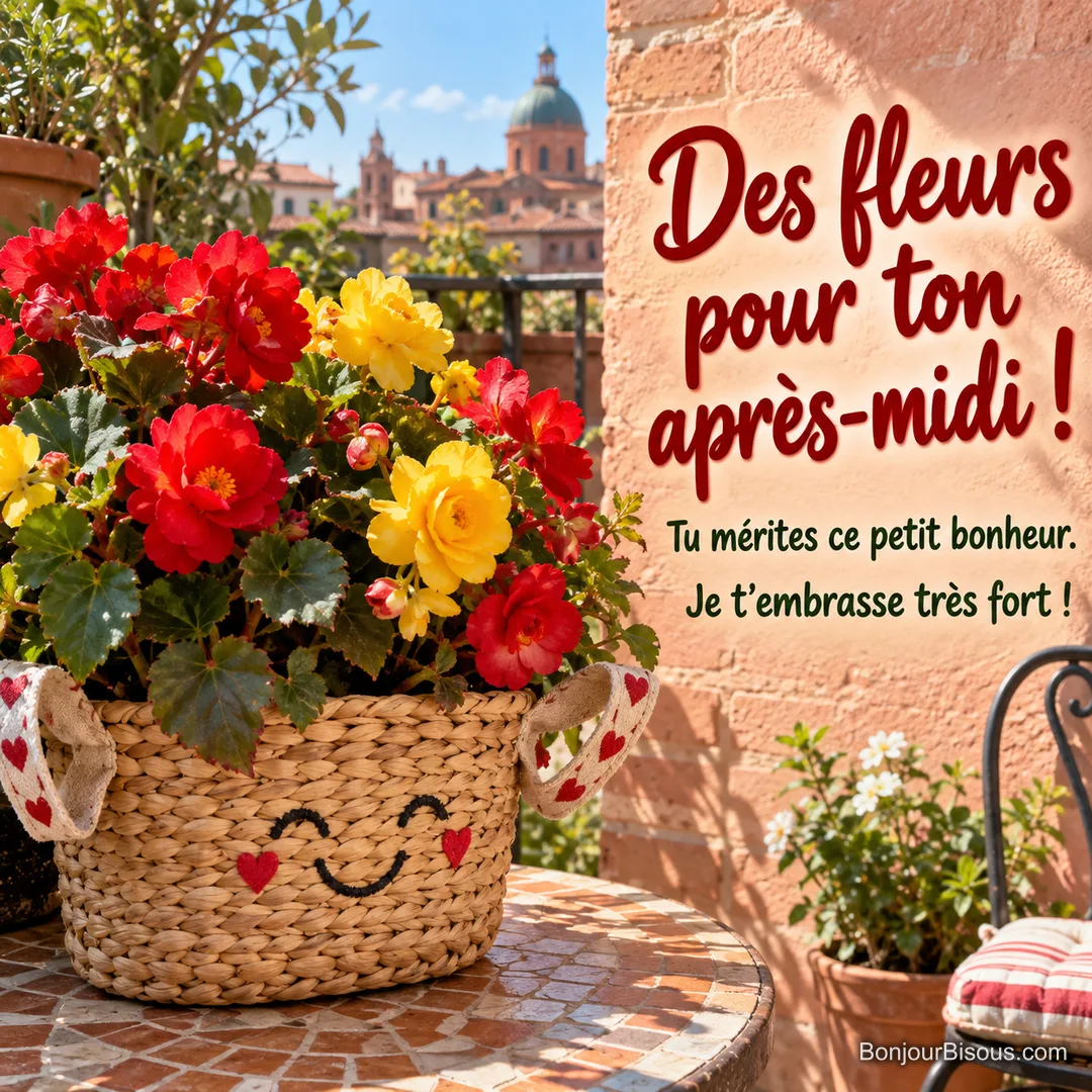 Un panier souriant ouvre ses anses autour de bégonias rouges et jaunes sur un balcon toulousain, avec le message « Des fleurs pour ton après-midi ! Tu mérites ce petit bonheur. Je t’embrasse très fort ! ». Un panier souriant ouvre ses anses autour de bégonias rouges et jaunes sur un balcon toulousain, avec le message « Des fleurs pour ton après-midi ! Tu mérites ce petit bonheur. Je t’embrasse très fort ! ».