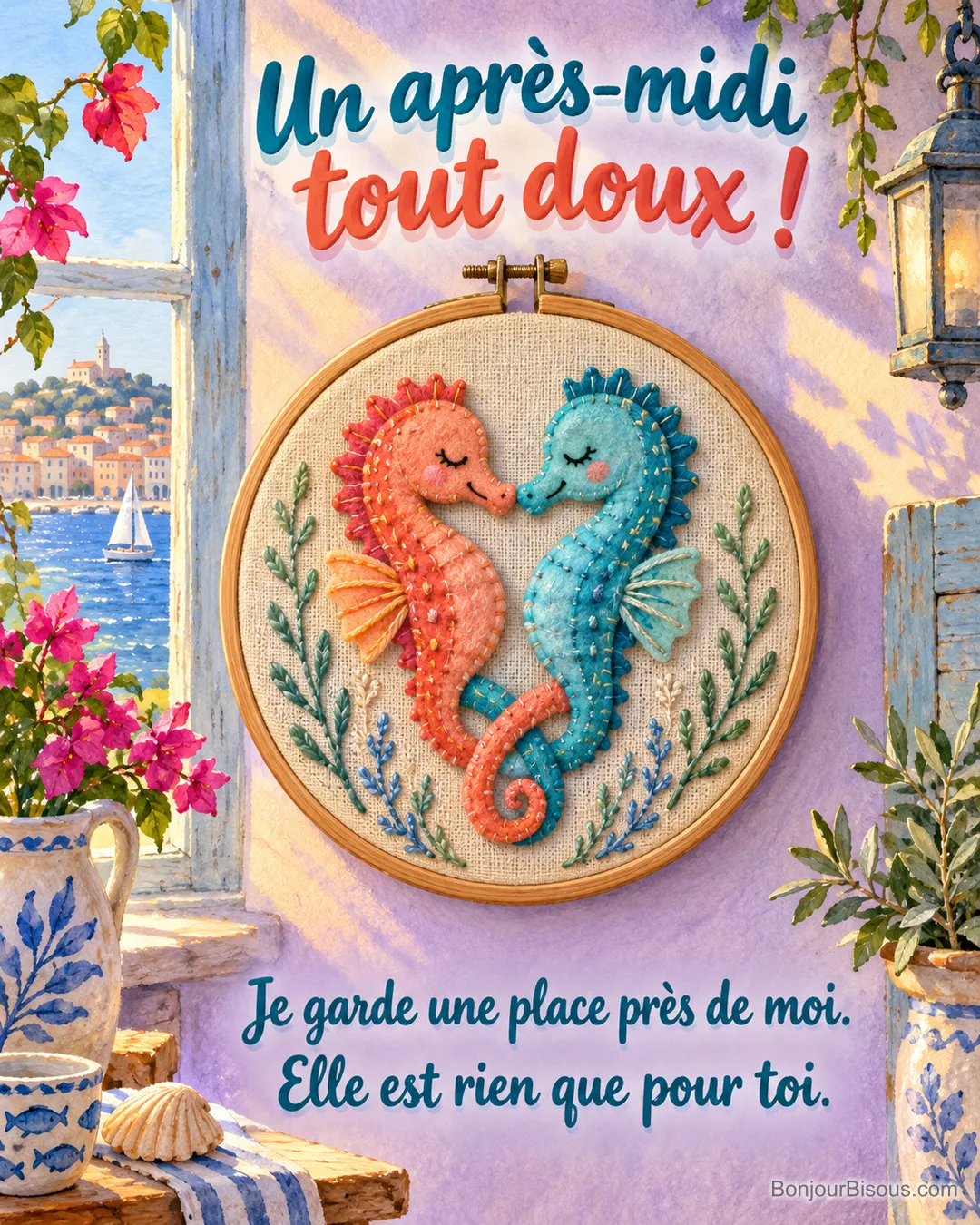 Deux hippocampes de feutrine corail et turquoise rapprochent leurs museaux et enlacent leurs queues, avec le message « Un après-midi tout doux ! Je garde une place près de moi. Elle est rien que pour toi. ». Deux hippocampes de feutrine corail et turquoise rapprochent leurs museaux et enlacent leurs queues, avec le message « Un après-midi tout doux ! Je garde une place près de moi. Elle est rien que pour toi. ».