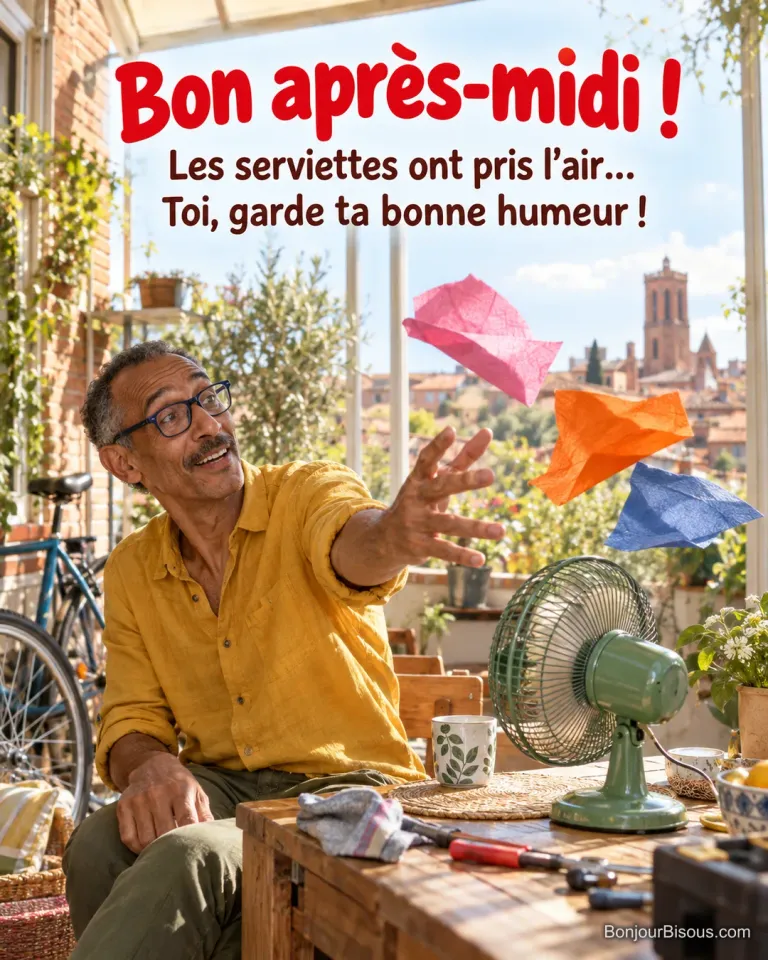 Un homme surpris regarde des serviettes colorées s’envoler devant un ventilateur, avec le texte « Bon après-midi ! Les serviettes ont pris l’air… Toi, garde ta bonne humeur ! ».