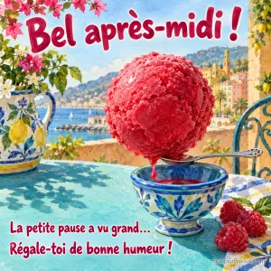Une minuscule cuillère soutient une énorme boule de sorbet à côté d’une petite coupe, avec le texte « Bel après-midi ! La petite pause a vu grand… Régale-toi de bonne humeur ! ».