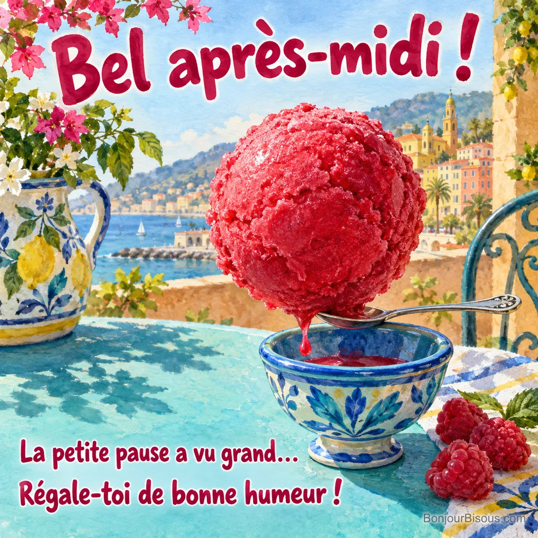 Une minuscule cuillère soutient une énorme boule de sorbet à côté d’une petite coupe, avec le texte « Bel après-midi ! La petite pause a vu grand… Régale-toi de bonne humeur ! ». Une minuscule cuillère soutient une énorme boule de sorbet à côté d’une petite coupe, avec le texte « Bel après-midi ! La petite pause a vu grand… Régale-toi de bonne humeur ! ».