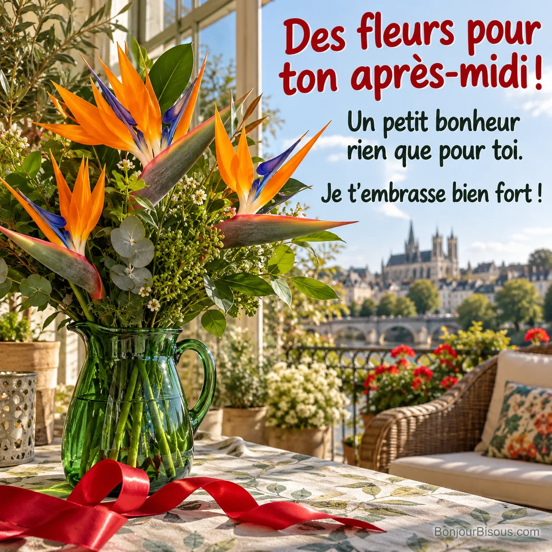 Un bouquet de strelitzias orange et bleus accompagne un ruban de cadeau sur une table ensoleillée, avec le texte « Des fleurs pour ton après-midi ! Un petit bonheur rien que pour toi. Je t’embrasse bien fort ! ». Un bouquet de strelitzias orange et bleus accompagne un ruban de cadeau sur une table ensoleillée, avec le texte « Des fleurs pour ton après-midi ! Un petit bonheur rien que pour toi. Je t’embrasse bien fort ! ».