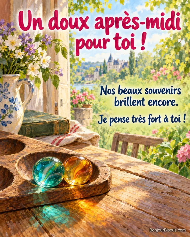 Deux billes d’agate colorée se touchent sur une petite planche de jeu ancienne près d’une fenêtre ensoleillée, avec le texte « Un doux après-midi pour toi ! Nos beaux souvenirs brillent encore. Je pense très fort à toi ! ».