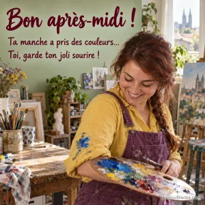 Une peintre découvre en riant une trace de peinture bleue sur sa manche jaune dans son atelier limougeaud, avec le texte « Bon après-midi ! Ta manche a pris des couleurs… Toi, garde ton joli sourire ! ».