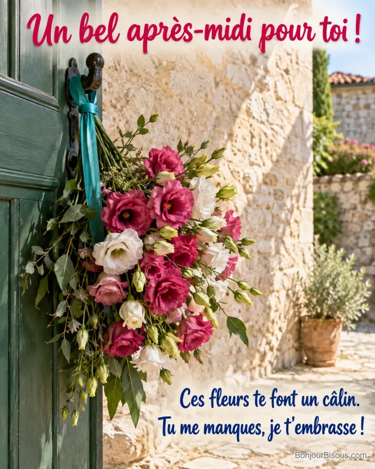 Un bouquet d’eustomas framboise et blancs suspendu par un ruban turquoise accueille un proche à une porte verte, avec le texte « Un bel après-midi pour toi ! Ces fleurs te font un câlin. Tu me manques, je t’embrasse ! ».