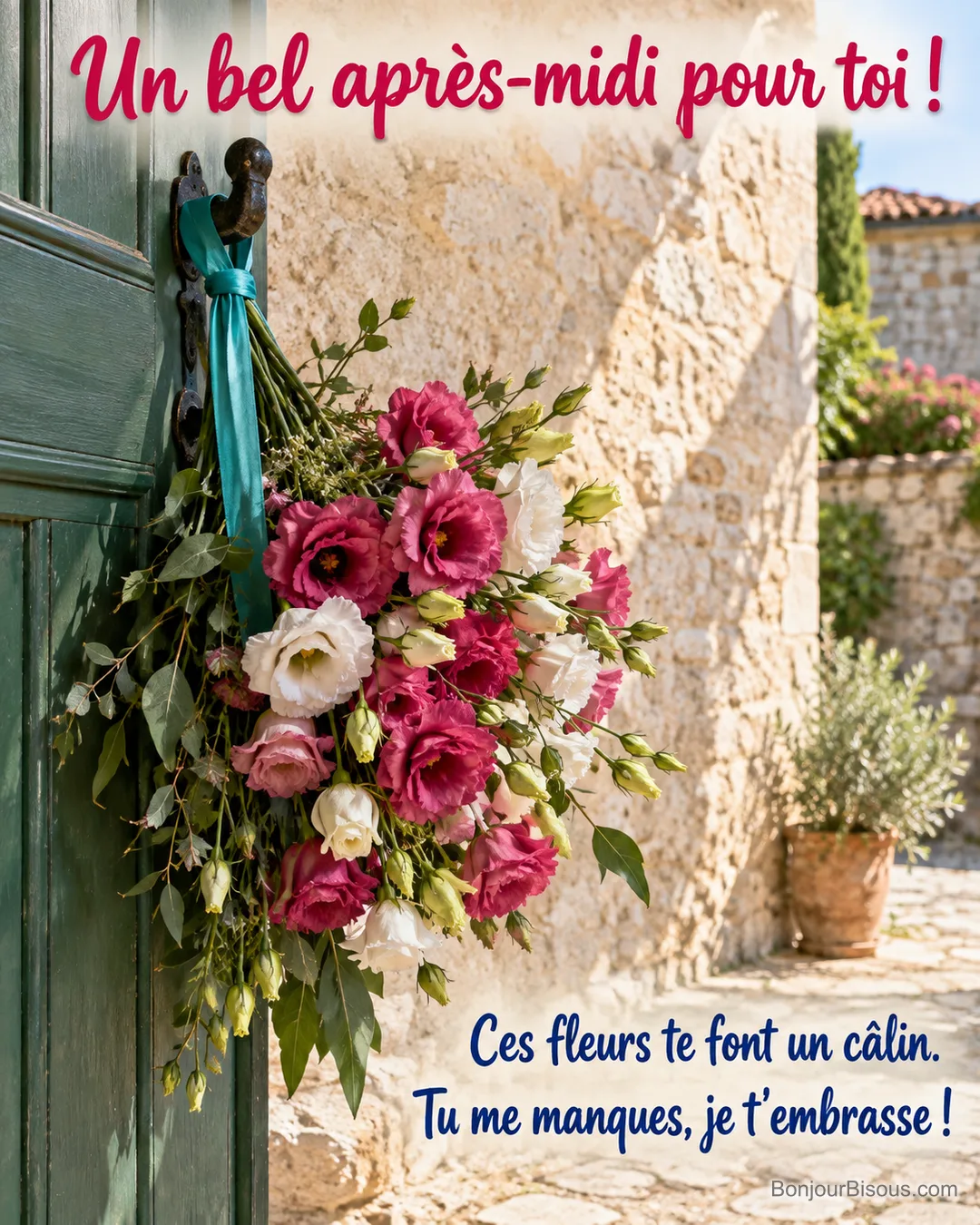 Un bouquet d’eustomas framboise et blancs suspendu par un ruban turquoise accueille un proche à une porte verte, avec le texte « Un bel après-midi pour toi ! Ces fleurs te font un câlin. Tu me manques, je t’embrasse ! ». Un bouquet d’eustomas framboise et blancs suspendu par un ruban turquoise accueille un proche à une porte verte, avec le texte « Un bel après-midi pour toi ! Ces fleurs te font un câlin. Tu me manques, je t’embrasse ! ».