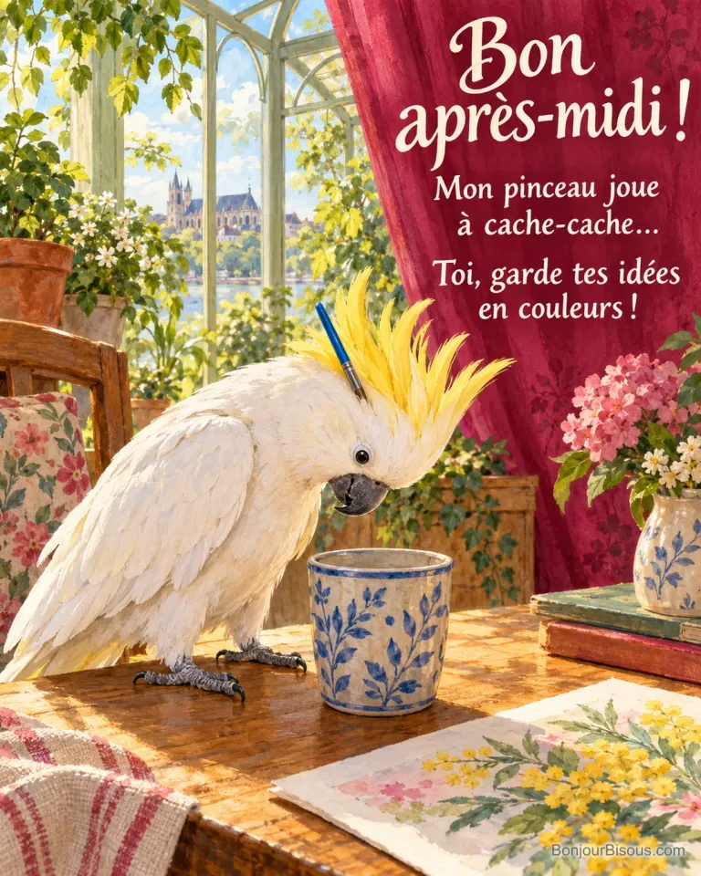 Un cacatoès cherche le pinceau bleu oublié derrière sa huppe jaune dans une véranda lumineuse. Le message est : « Bon après-midi ! Mon pinceau joue à cache-cache… Toi, garde tes idées en couleurs ! ».