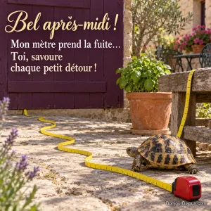 Une tortue d’Hermann suit un mètre ruban jaune qui s’est déroulé bien loin devant elle dans une cour ensoleillée. Le message est : « Bel après-midi ! Mon mètre prend la fuite… Toi, savoure chaque petit détour ! ».