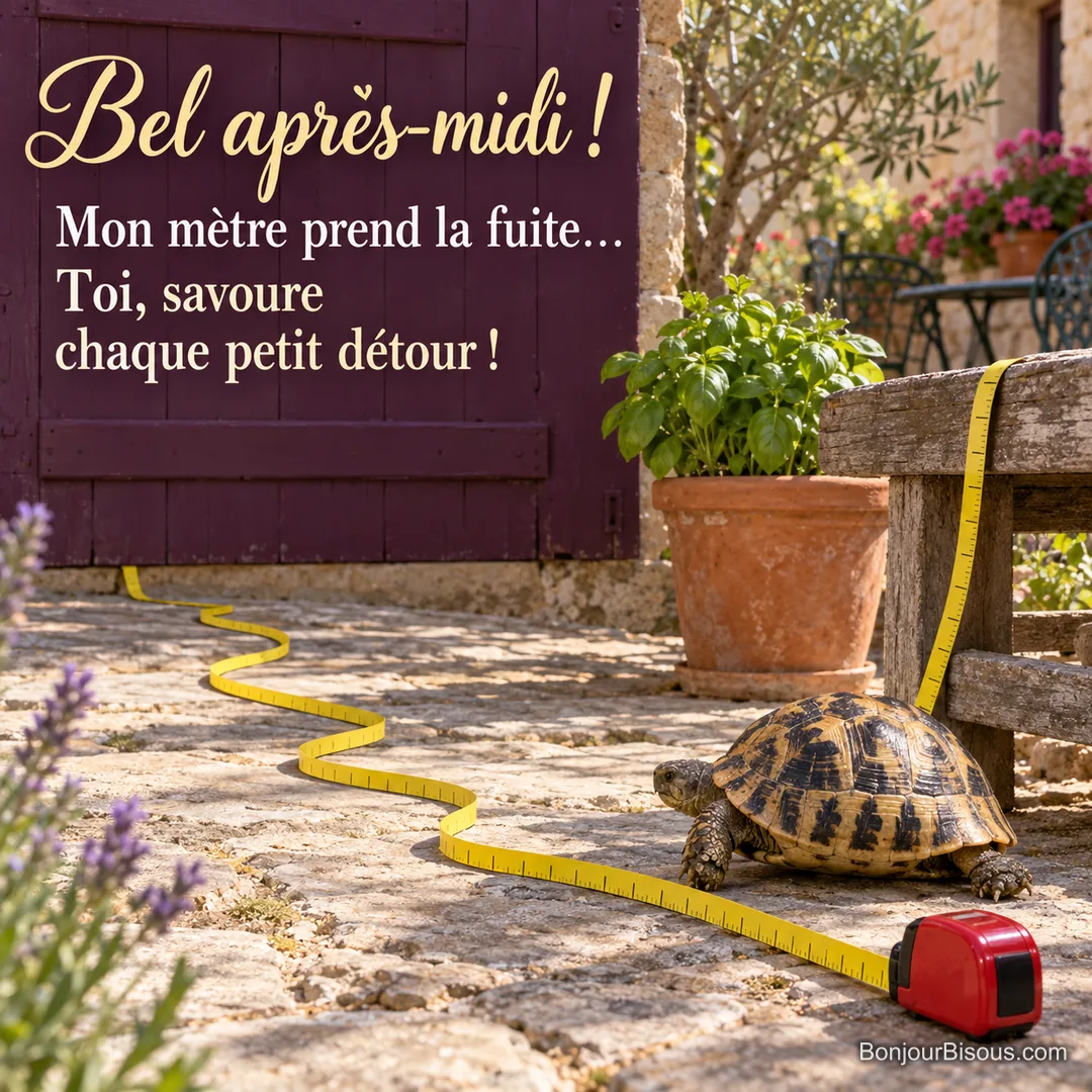 Une tortue d’Hermann suit un mètre ruban jaune qui s’est déroulé bien loin devant elle dans une cour ensoleillée. Le message est : « Bel après-midi ! Mon mètre prend la fuite… Toi, savoure chaque petit détour ! ». Une tortue d’Hermann suit un mètre ruban jaune qui s’est déroulé bien loin devant elle dans une cour ensoleillée. Le message est : « Bel après-midi ! Mon mètre prend la fuite… Toi, savoure chaque petit détour ! ».