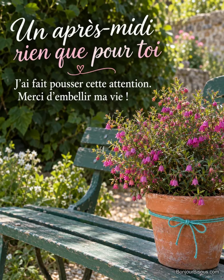 Un boronia aux petites clochettes magenta pousse dans un pot corail préparé comme une attention personnelle sur un banc de jardin. Le message est : « Un après-midi rien que pour toi J’ai fait pousser cette attention. Merci d’embellir ma vie ! ».