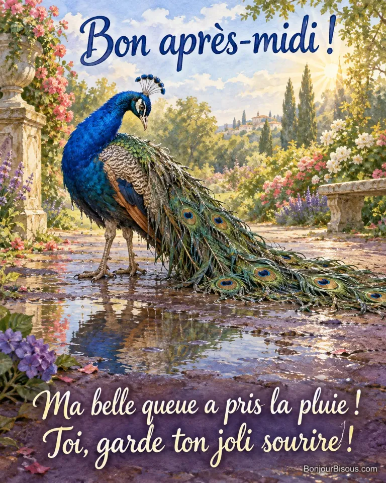 Un paon mouillé examine sa grande queue toute raplapla après une averse au jardin. Le message est : « Bon après-midi ! Ma belle queue a pris la pluie ! Toi, garde ton joli sourire ! ».