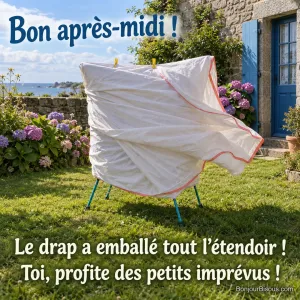 Un grand drap blanc bordé de corail enveloppe complètement un étendoir de jardin après un coup de vent. Le message est : « Bon après-midi ! Le drap a emballé tout l’étendoir ! Toi, profite des petits imprévus ! ».