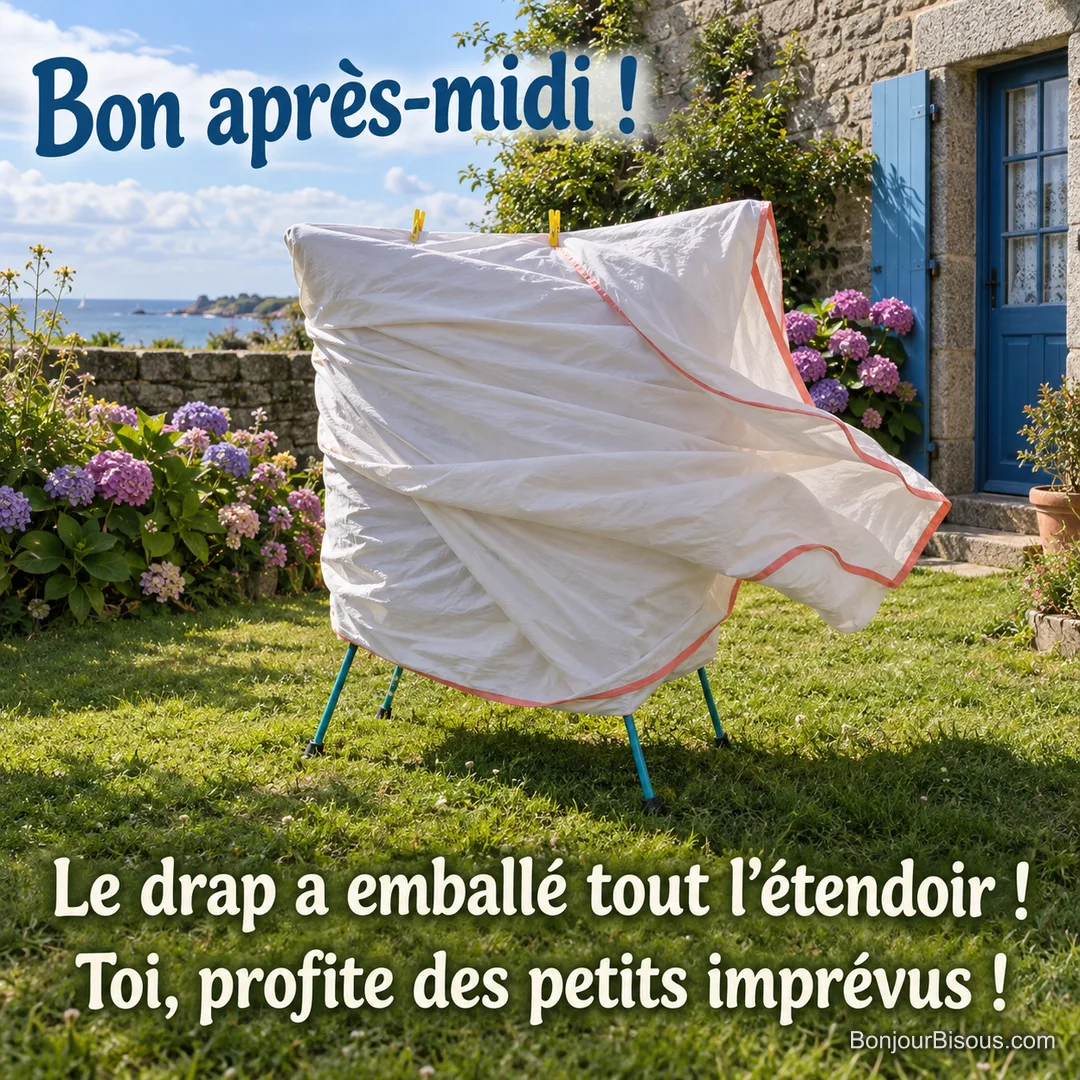 Un grand drap blanc bordé de corail enveloppe complètement un étendoir de jardin après un coup de vent. Le message est : « Bon après-midi ! Le drap a emballé tout l’étendoir ! Toi, profite des petits imprévus ! ». Un grand drap blanc bordé de corail enveloppe complètement un étendoir de jardin après un coup de vent. Le message est : « Bon après-midi ! Le drap a emballé tout l’étendoir ! Toi, profite des petits imprévus ! ».