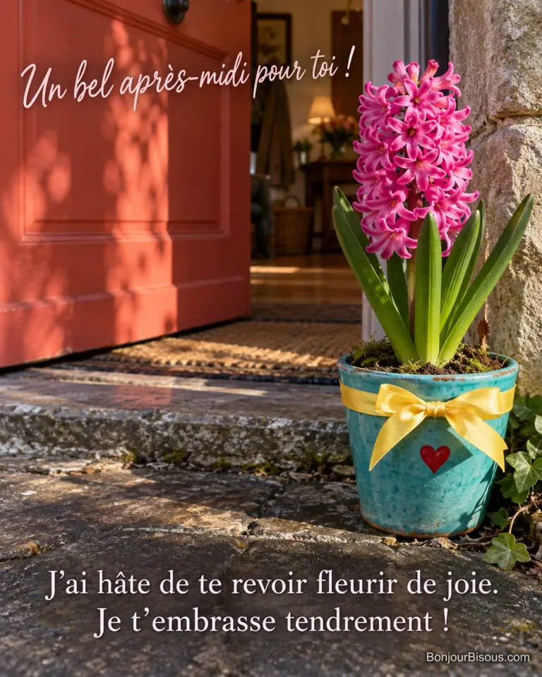 Une jacinthe fuchsia offerte dans un pot turquoise attend près d’une porte corail entrouverte. Le message est : « Un bel après-midi pour toi ! J’ai hâte de te revoir fleurir de joie. Je t’embrasse tendrement ! ».
