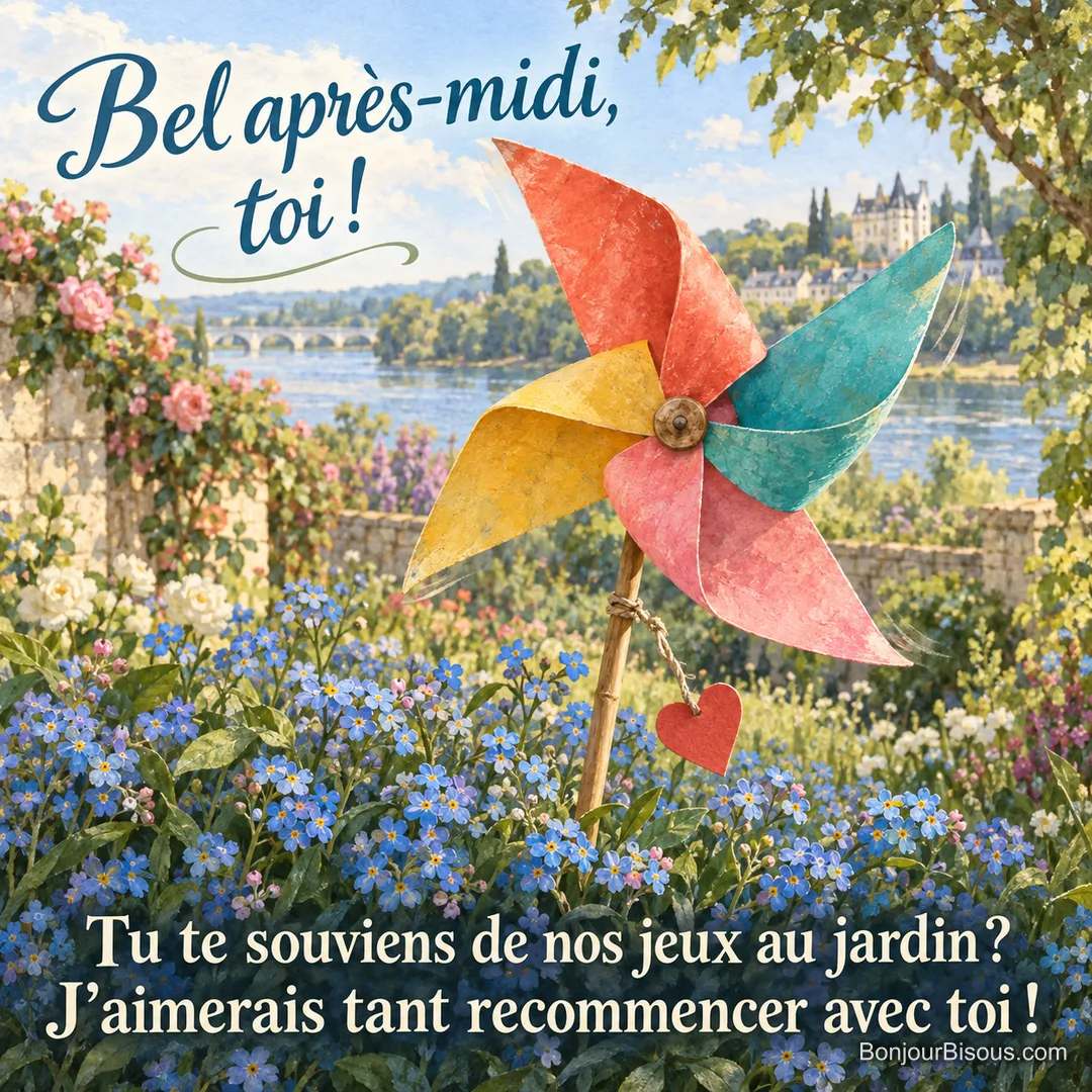 Un moulin à vent artisanal en papier coloré tourne au milieu des myosotis, souvenir de jeux partagés. Le message est : « Bel après-midi, toi ! Tu te souviens de nos jeux au jardin ? J’aimerais tant recommencer avec toi ! ». Un moulin à vent artisanal en papier coloré tourne au milieu des myosotis, souvenir de jeux partagés. Le message est : « Bel après-midi, toi ! Tu te souviens de nos jeux au jardin ? J’aimerais tant recommencer avec toi ! ».