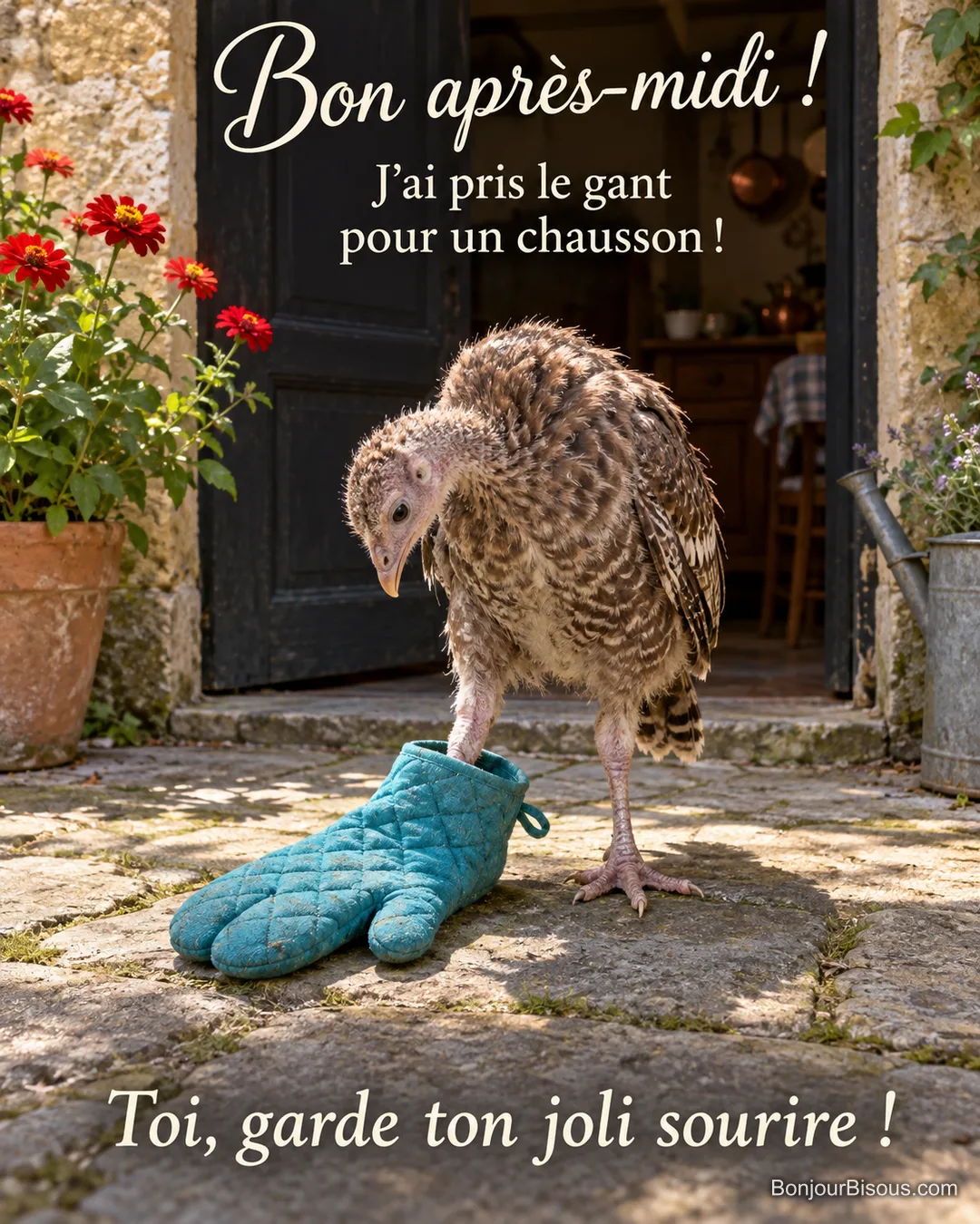 Un dindonneau a chaussé sa patte droite d’un immense gant de cuisine turquoise. Le message est : « Bon après-midi ! J’ai pris le gant pour un chausson ! Toi, garde ton joli sourire ! ». Un dindonneau a chaussé sa patte droite d’un immense gant de cuisine turquoise. Le message est : « Bon après-midi ! J’ai pris le gant pour un chausson ! Toi, garde ton joli sourire ! ».