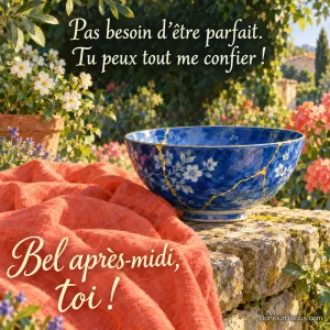 Une coupe de porcelaine bleue réparée de trois lignes d’or repose sur un muret de jardin. Le message est : « Bel après-midi, toi ! Pas besoin d’être parfait. Tu peux tout me confier ! ».
