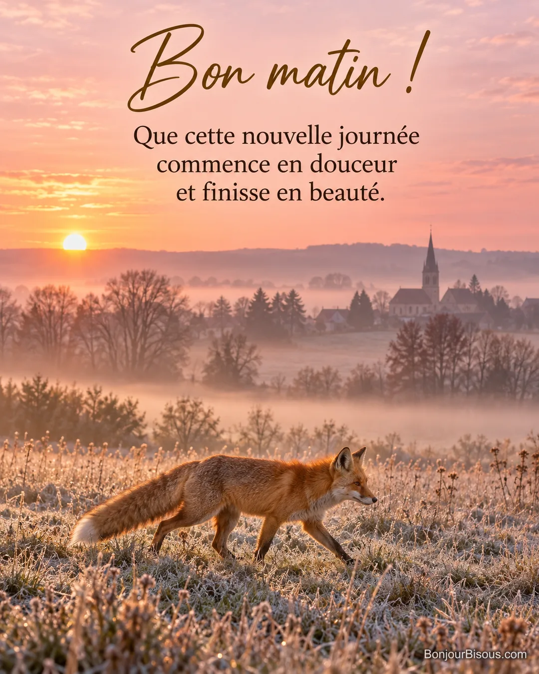 Photo d’un renard roux qui trottine dans une prairie couverte de givre au lever du soleil, avec un village et son clocher dans la brume rose, avec le texte « Bon matin ! Que cette nouvelle journée commence en douceur et finisse en beauté. » Photo d’un renard roux qui trottine dans une prairie couverte de givre au lever du soleil, avec un village et son clocher dans la brume rose, avec le texte « Bon matin ! Que cette nouvelle journée commence en douceur et finisse en beauté. »