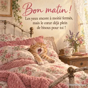 Peinture d’un chaton roux qui bâille en s’étirant sous un édredon fleuri dans un lit en fer ancien, avec une tasse de chocolat chaud et un bouquet sur la table de chevet, avec le texte « Bon matin ! Les yeux encore à moitié fermés, mais le cœur déjà plein de bisous pour toi ! »