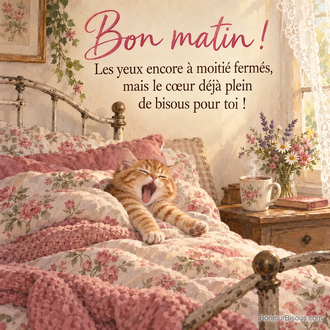 Peinture d’un chaton roux qui bâille en s’étirant sous un édredon fleuri dans un lit en fer ancien, avec une tasse de chocolat chaud et un bouquet sur la table de chevet, avec le texte « Bon matin ! Les yeux encore à moitié fermés, mais le cœur déjà plein de bisous pour toi ! » Peinture d’un chaton roux qui bâille en s’étirant sous un édredon fleuri dans un lit en fer ancien, avec une tasse de chocolat chaud et un bouquet sur la table de chevet, avec le texte « Bon matin ! Les yeux encore à moitié fermés, mais le cœur déjà plein de bisous pour toi ! »