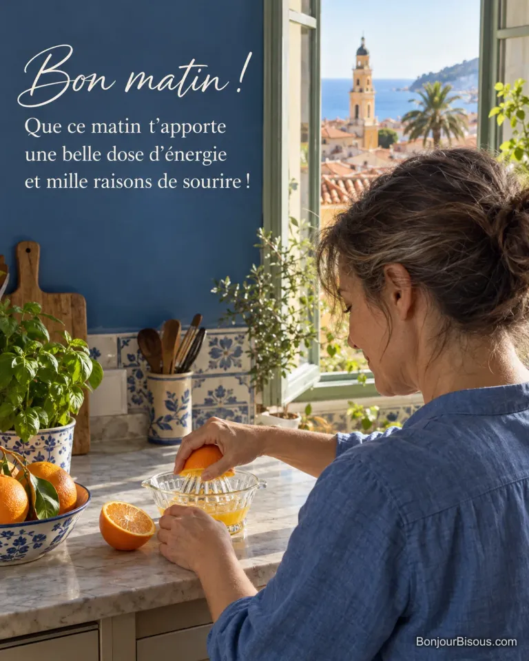 Une femme presse une orange avec un presse-agrumes manuel dans sa cuisine lumineuse, avec le texte « Bon matin ! Que ce matin t’apporte une belle dose d’énergie et mille raisons de sourire ! ».