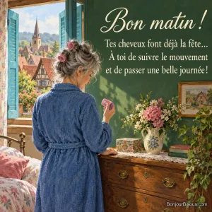 Une femme retire un bigoudi rose de ses cheveux ébouriffés près d’une fenêtre alsacienne, avec le texte « Bon matin ! Tes cheveux font déjà la fête… À toi de suivre le mouvement et de passer une belle journée ! ».