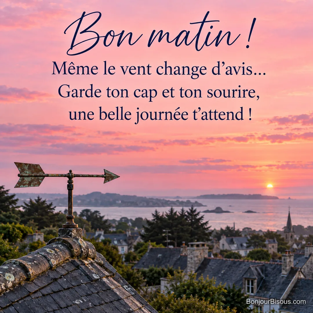 Une girouette en forme de flèche se détache sur le ciel rose d’un matin breton, avec le texte « Bon matin ! Même le vent change d’avis… Garde ton cap et ton sourire, une belle journée t’attend ! ». Une girouette en forme de flèche se détache sur le ciel rose d’un matin breton, avec le texte « Bon matin ! Même le vent change d’avis… Garde ton cap et ton sourire, une belle journée t’attend ! ».