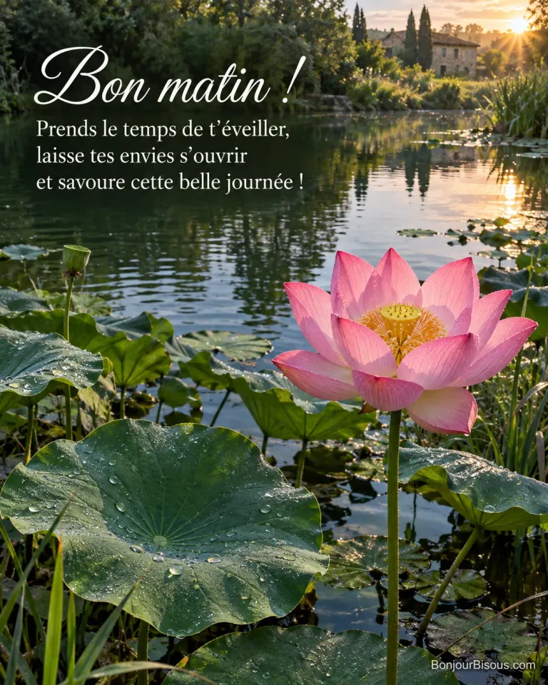 Une fleur de lotus rose s’ouvre au-dessus d’un bassin vert dans la lumière du matin, avec le texte « Bon matin ! Prends le temps de t’éveiller, laisse tes envies s’ouvrir et savoure cette belle journée ! ».