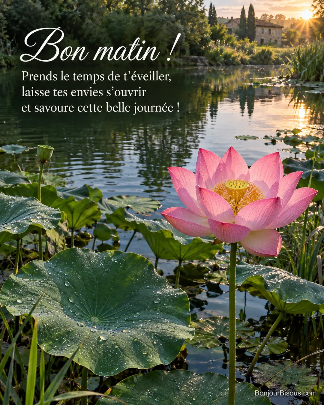 Une fleur de lotus rose s’ouvre au-dessus d’un bassin vert dans la lumière du matin, avec le texte « Bon matin ! Prends le temps de t’éveiller, laisse tes envies s’ouvrir et savoure cette belle journée ! ». Une fleur de lotus rose s’ouvre au-dessus d’un bassin vert dans la lumière du matin, avec le texte « Bon matin ! Prends le temps de t’éveiller, laisse tes envies s’ouvrir et savoure cette belle journée ! ».