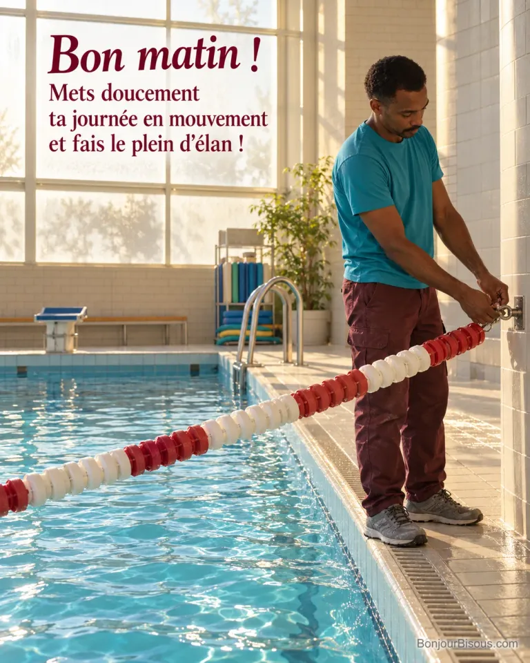 Un agent technique attache une ligne de flotteurs dans une piscine municipale rennaise au petit matin, avec le texte « Bon matin ! Mets doucement ta journée en mouvement et fais le plein d’élan ! ».