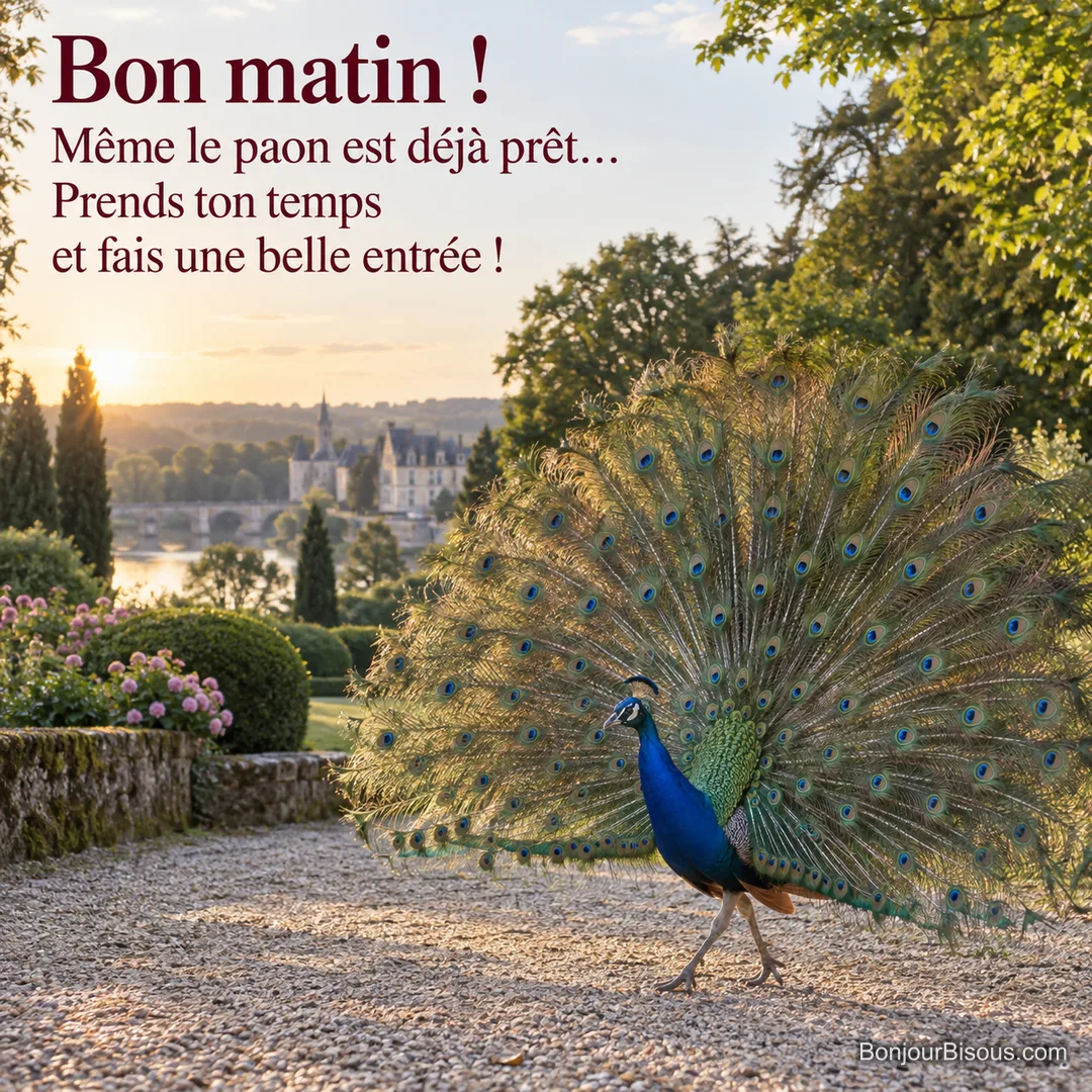 Un paon bleu déploie sa roue au soleil levant dans un parc de Touraine, avec le texte « Bon matin ! Même le paon est déjà prêt… Prends ton temps et fais une belle entrée ! ». Un paon bleu déploie sa roue au soleil levant dans un parc de Touraine, avec le texte « Bon matin ! Même le paon est déjà prêt… Prends ton temps et fais une belle entrée ! ».