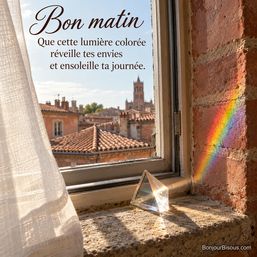 Le soleil traverse un prisme de verre et projette un spectre coloré dans une maison de brique toulousaine, avec le texte « Bon matin Que cette lumière colorée réveille tes envies et ensoleille ta journée. ». Le soleil traverse un prisme de verre et projette un spectre coloré dans une maison de brique toulousaine, avec le texte « Bon matin Que cette lumière colorée réveille tes envies et ensoleille ta journée. ».