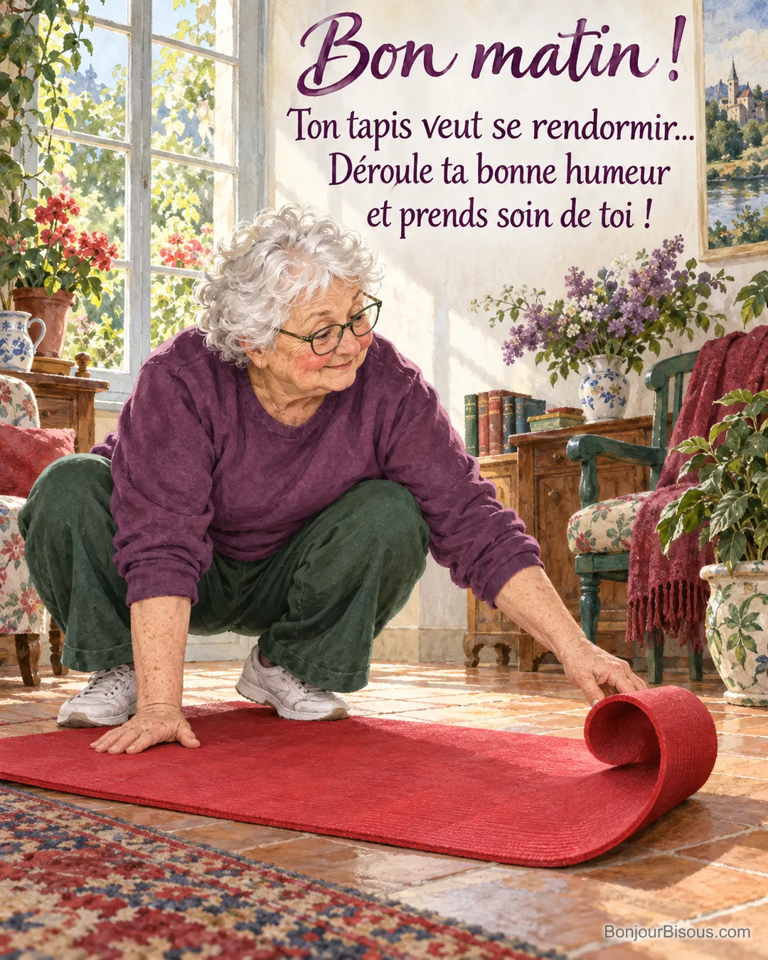 Une femme déroule un tapis de gymnastique rouge dont le bout se réenroule dans une maison de Touraine, avec le texte « Bon matin ! Ton tapis veut se rendormir… Déroule ta bonne humeur et prends soin de toi ! ». Une femme déroule un tapis de gymnastique rouge dont le bout se réenroule dans une maison de Touraine, avec le texte « Bon matin ! Ton tapis veut se rendormir… Déroule ta bonne humeur et prends soin de toi ! ».
