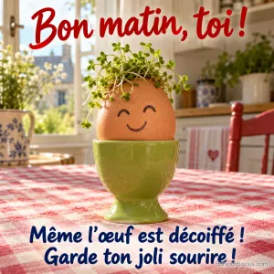 Un œuf souriant en coquetier vert porte une coiffure ébouriffée faite de cresson, avec le texte « Bon matin, toi ! Même l’œuf est décoiffé ! Garde ton joli sourire ! ».