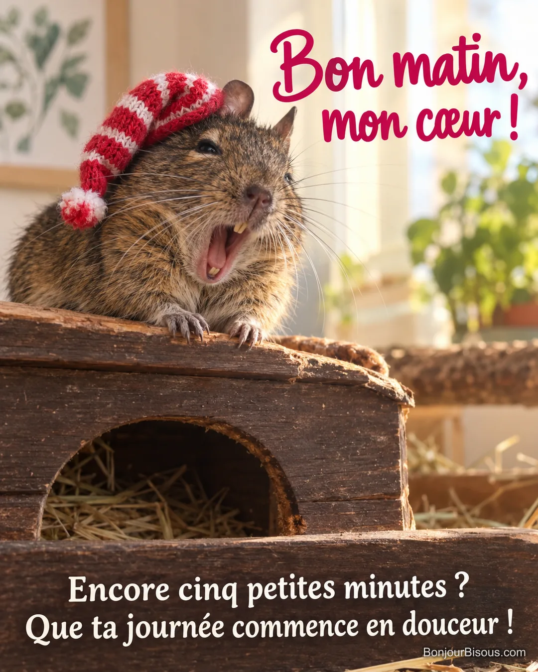 Un octodon bâille près de son abri de bois avec un petit bonnet rouge de travers, avec le texte « Bon matin, mon cœur ! Encore cinq petites minutes ? Que ta journée commence en douceur ! ». Un octodon bâille près de son abri de bois avec un petit bonnet rouge de travers, avec le texte « Bon matin, mon cœur ! Encore cinq petites minutes ? Que ta journée commence en douceur ! ».